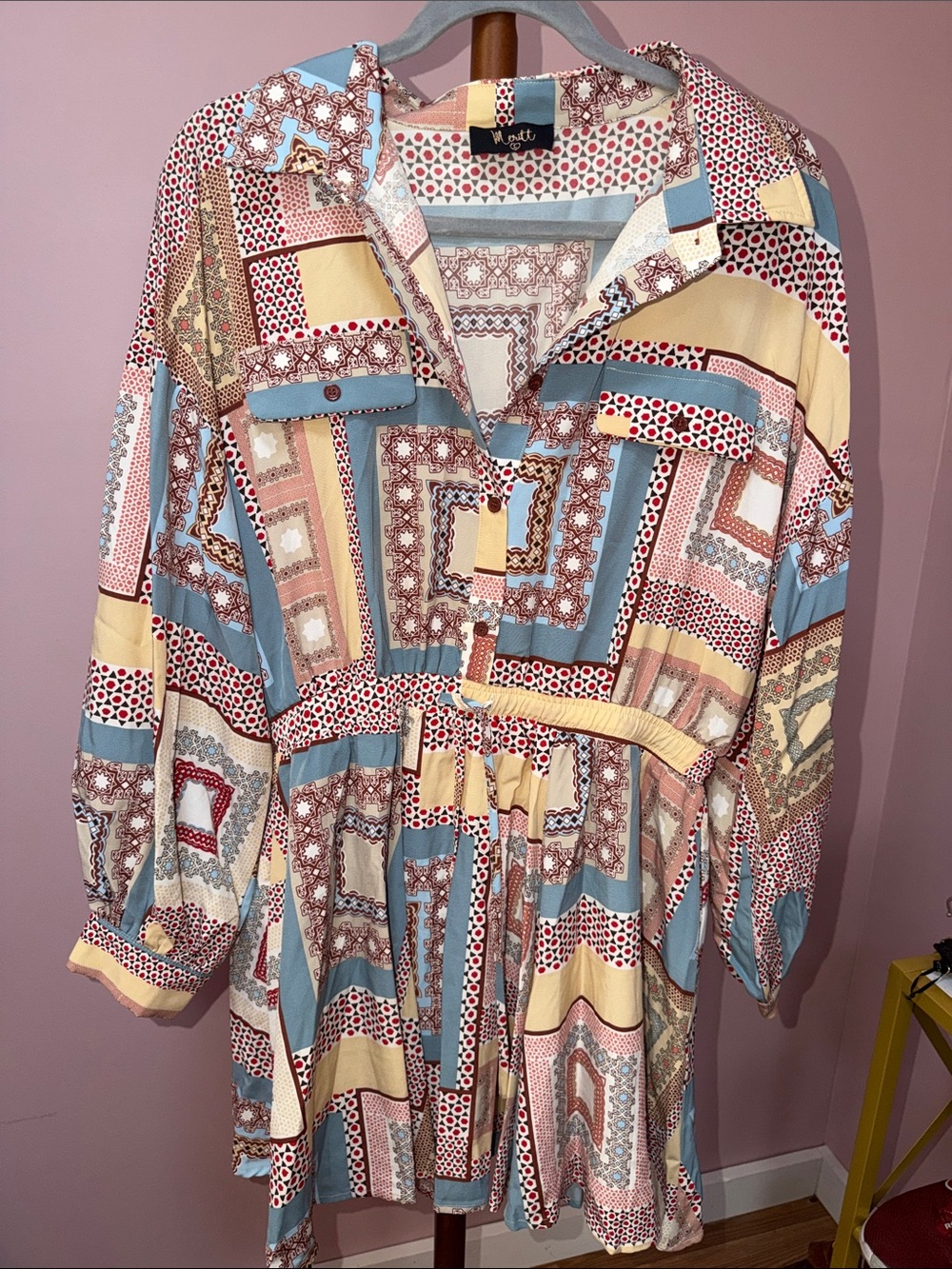 Patchwork Print Long-Sleeve Shirtdress in Blue, Yellow and Cream